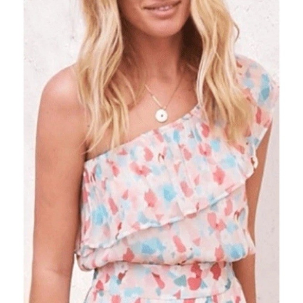 Sezane Size 38/US6 Adelie One Shoulder Ruffle Floral Silk Top Ines Powder Lined